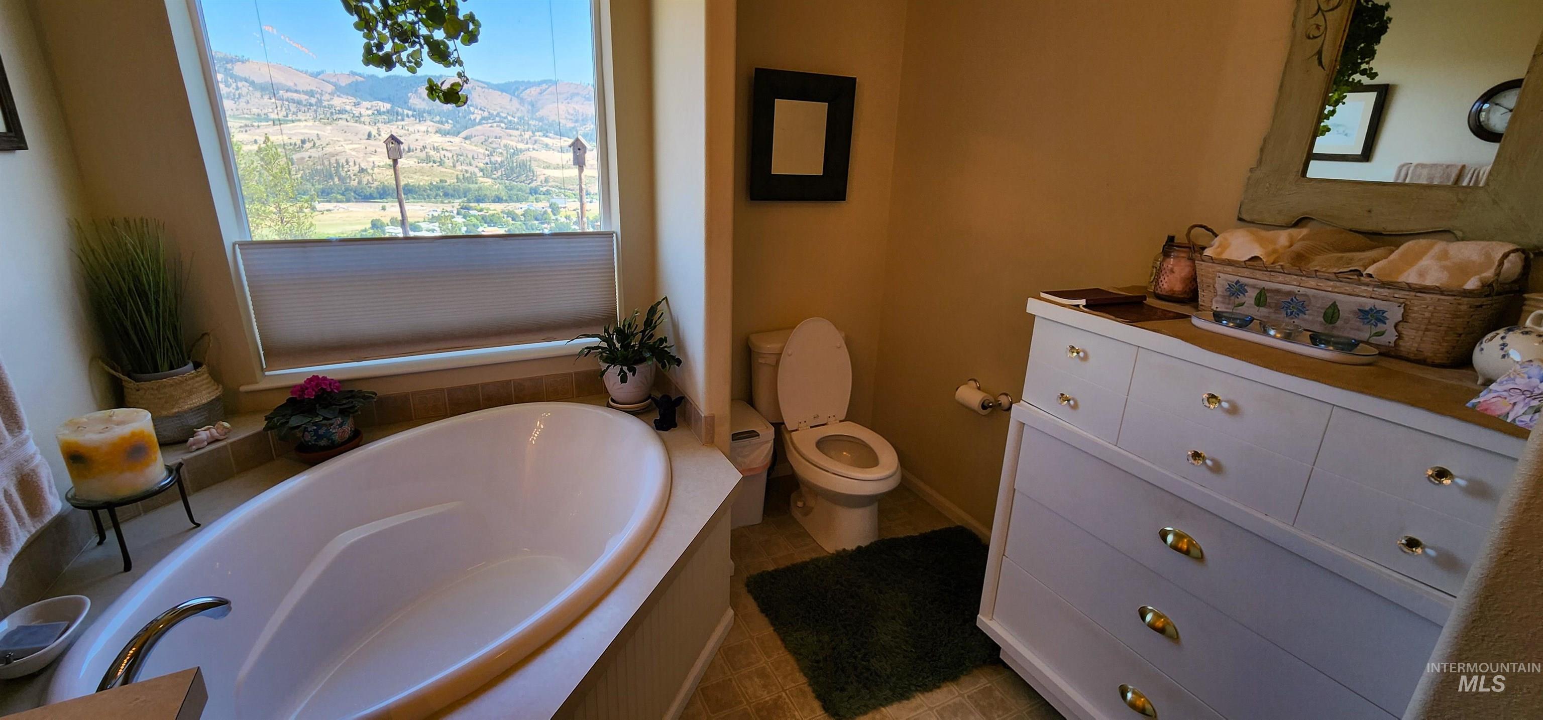 Full bath featuring a bath, vanity, and dark tile patterned flooring