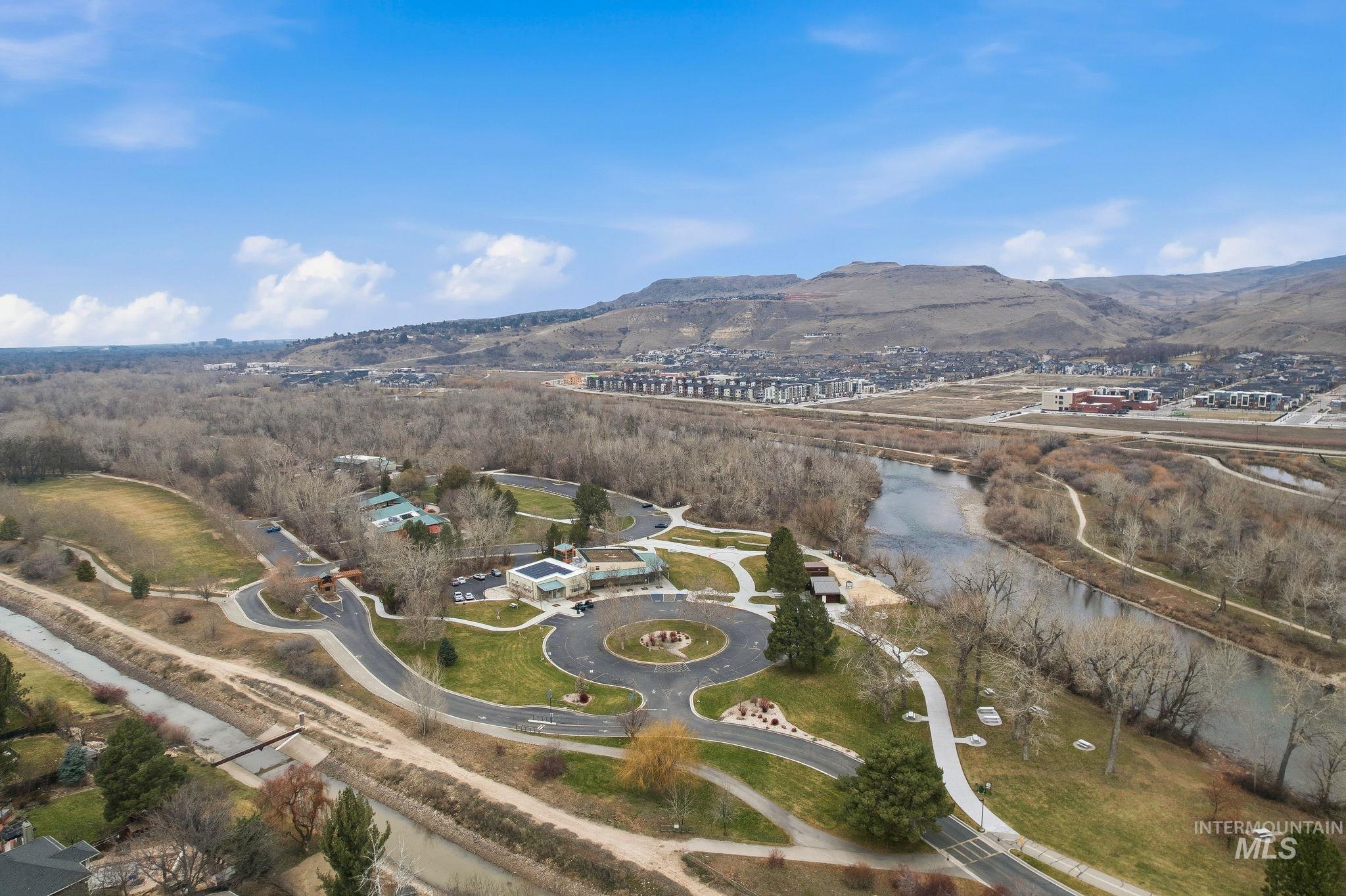 Aerial view of a water and mountain view