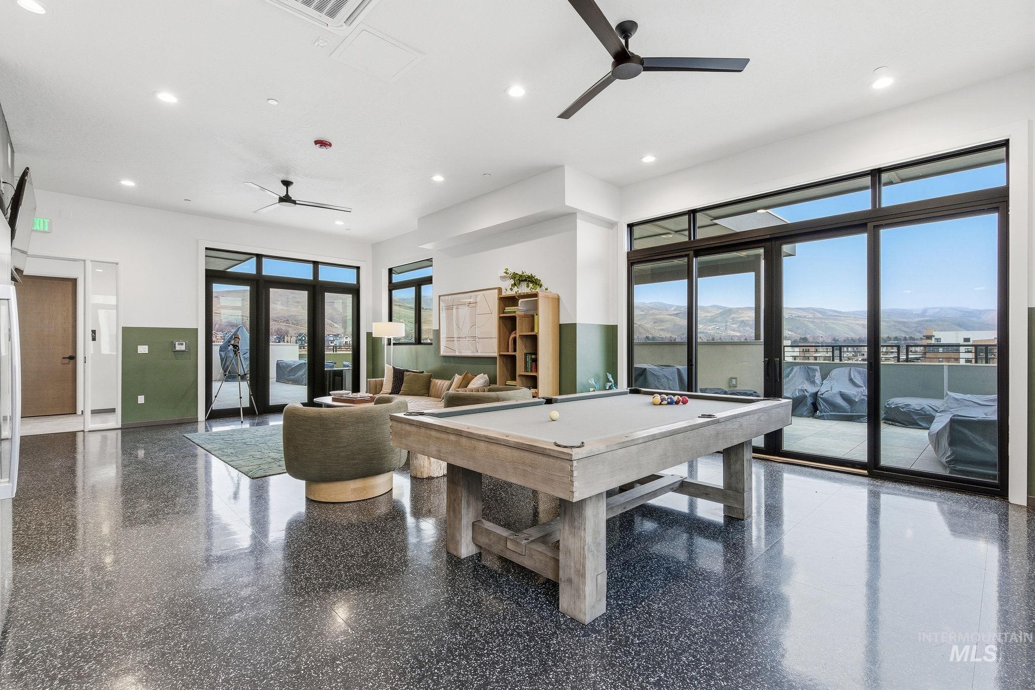 Rec room with a mountain view, billiards table, a ceiling fan, and recessed lighting