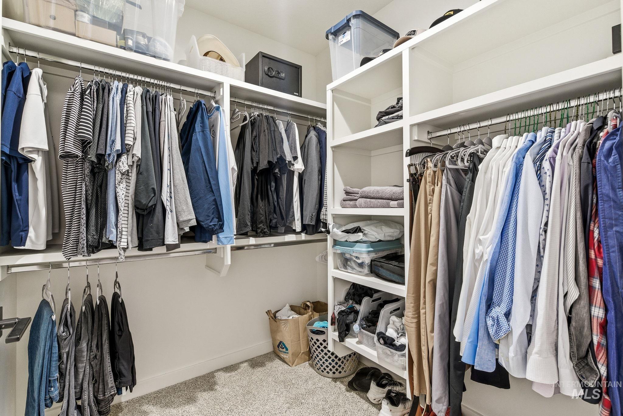 Walk in closet featuring light colored carpet