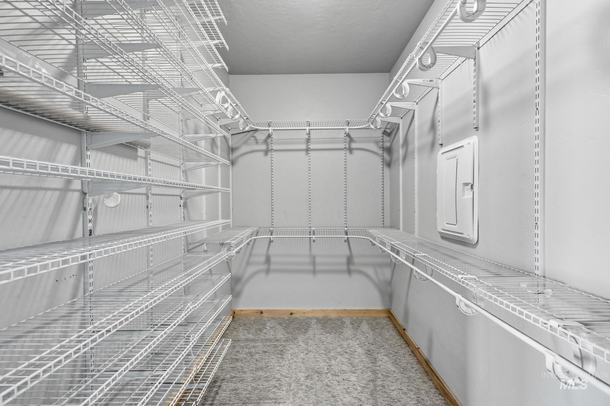 Walk-in closet featuring extensive wire shelving, hanging rods, light gray walls, and carpet flooring