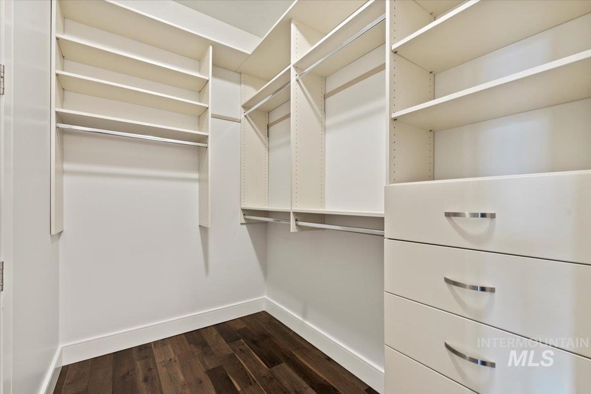Walk in closet featuring dark wood-type flooring