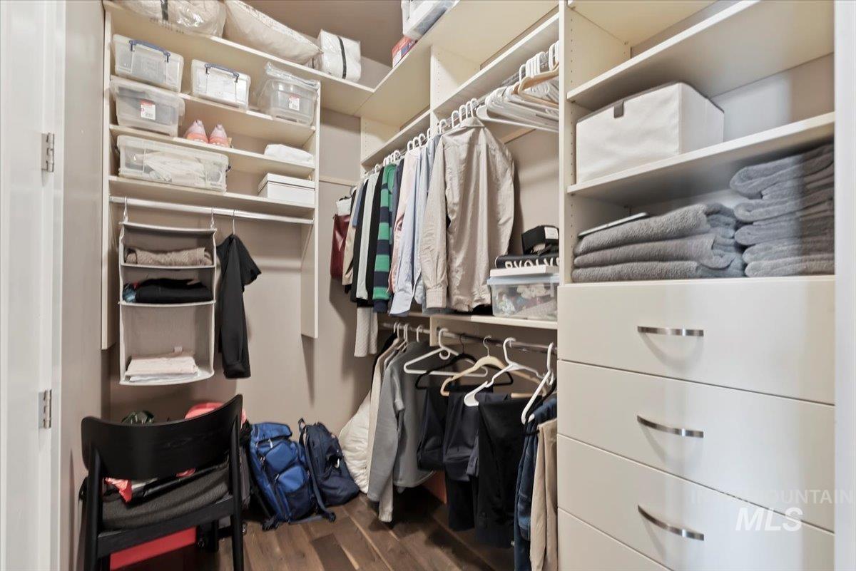Spacious closet featuring dark wood-type flooring