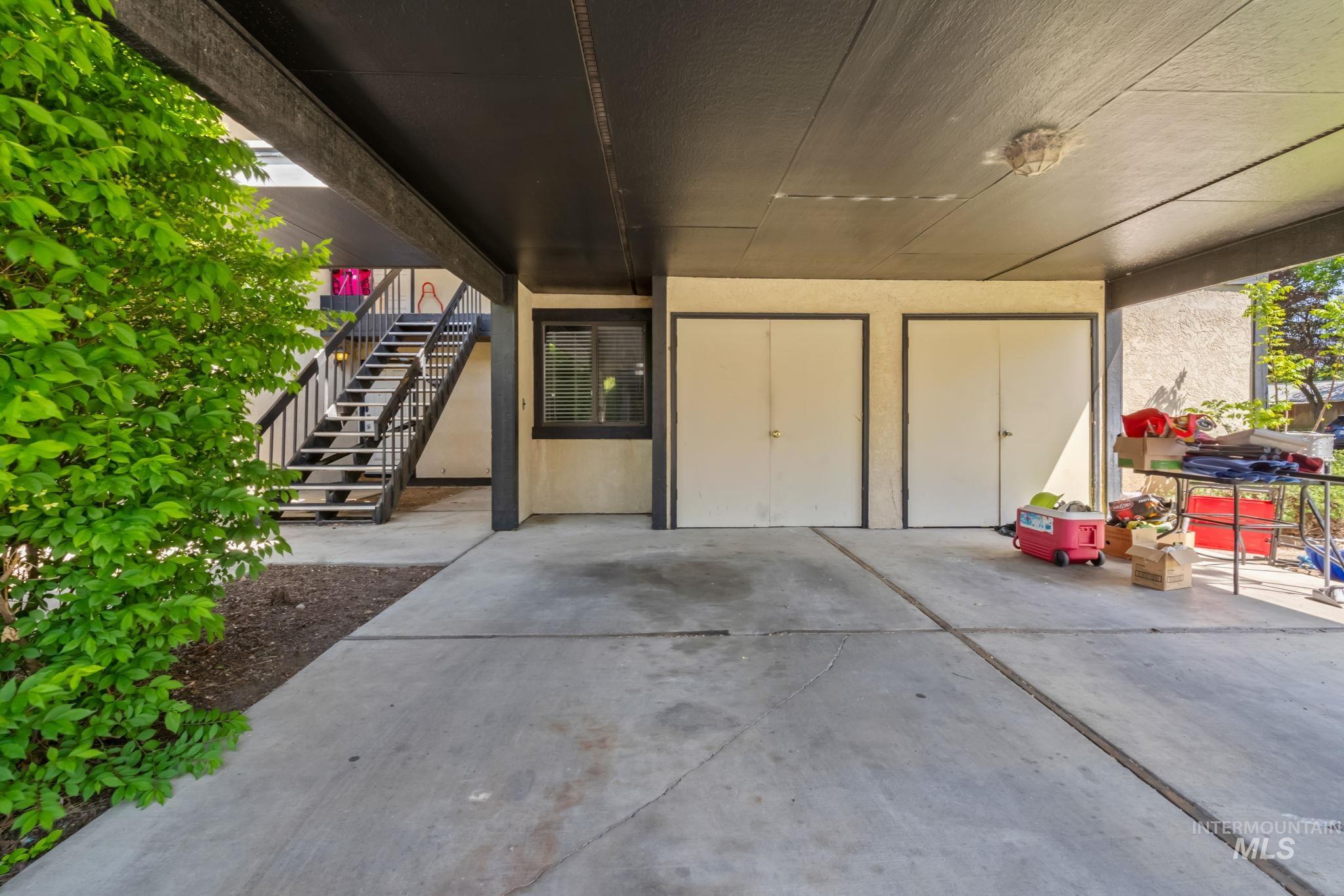 View of patio featuring stairway