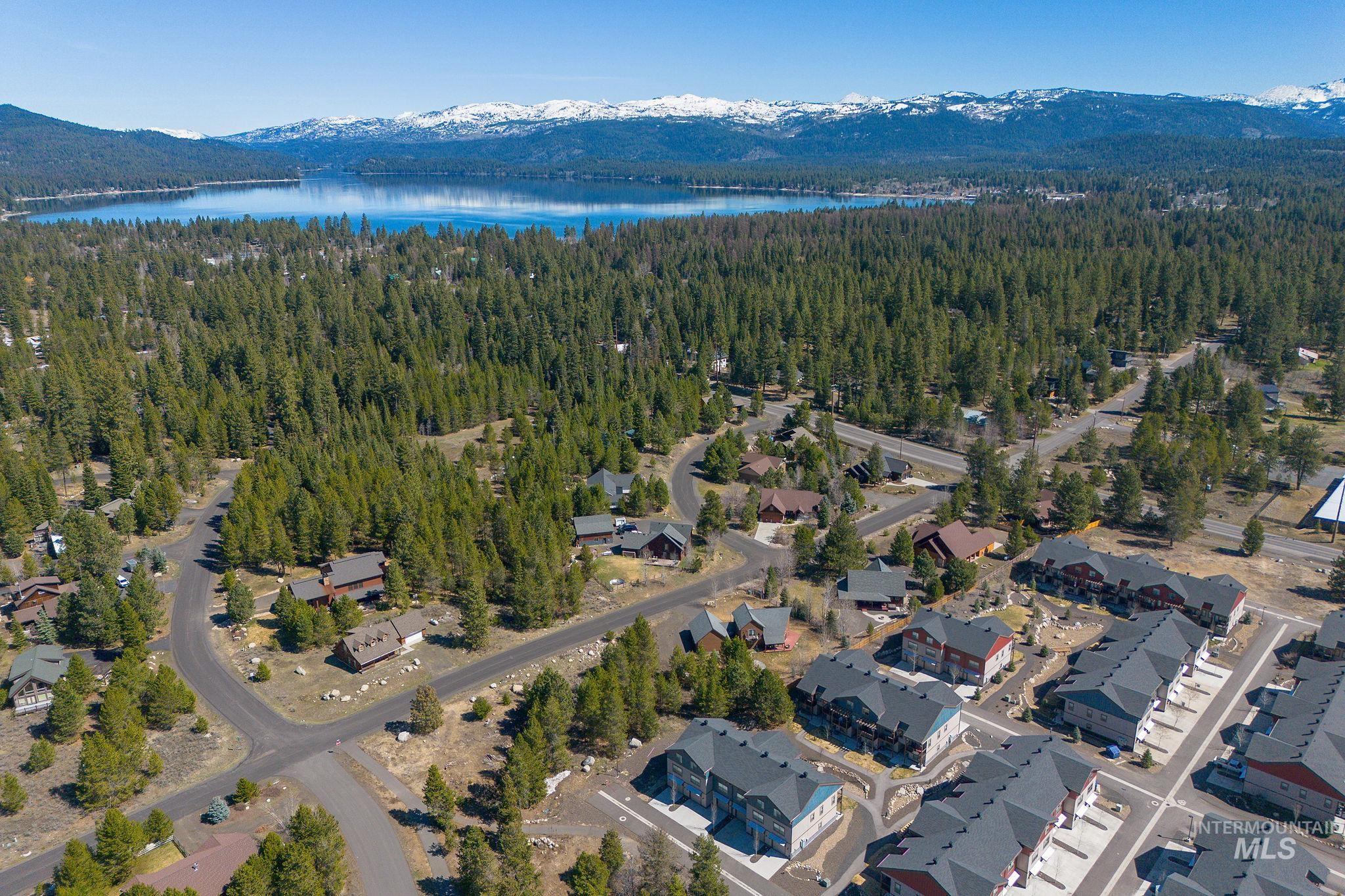 Aerial perspective showcasing a community nestled within extensive evergreen forests