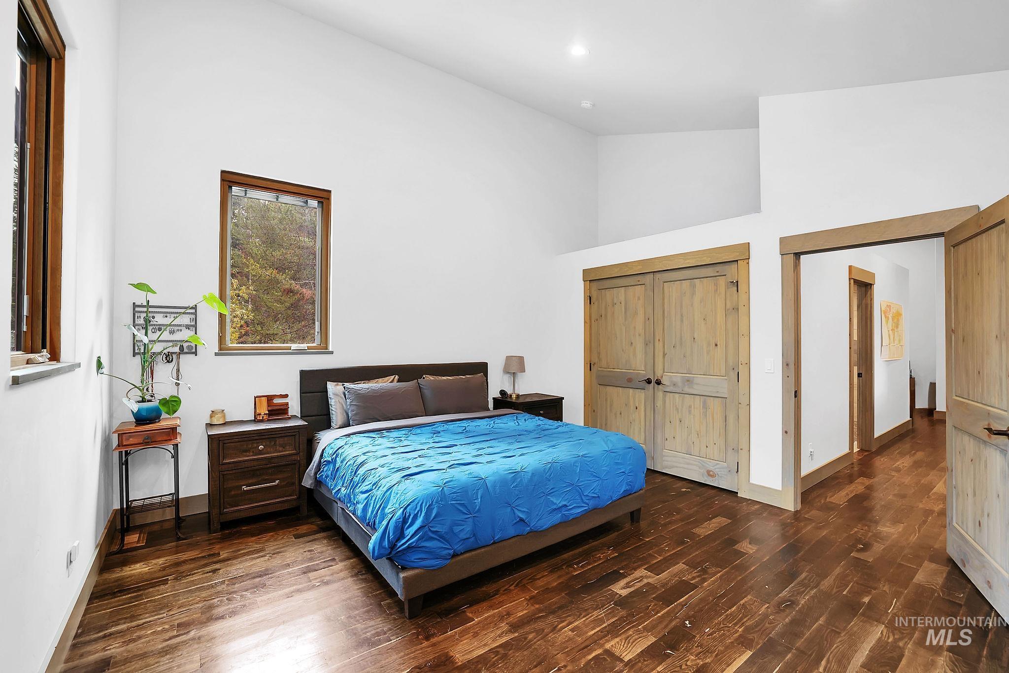Bedroom featuring high vaulted ceiling, dark wood-style floors, and a closet