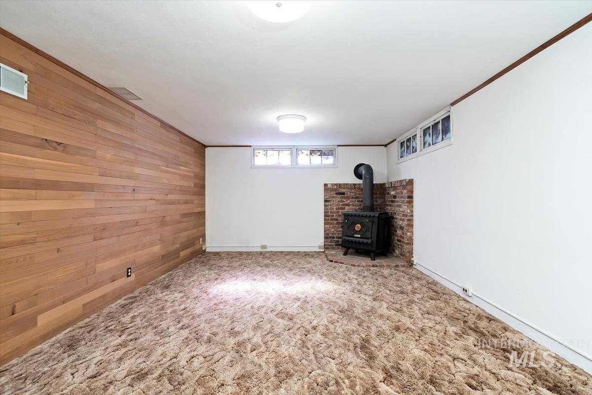 Below grade area with a wood stove, wood walls, and carpet floors