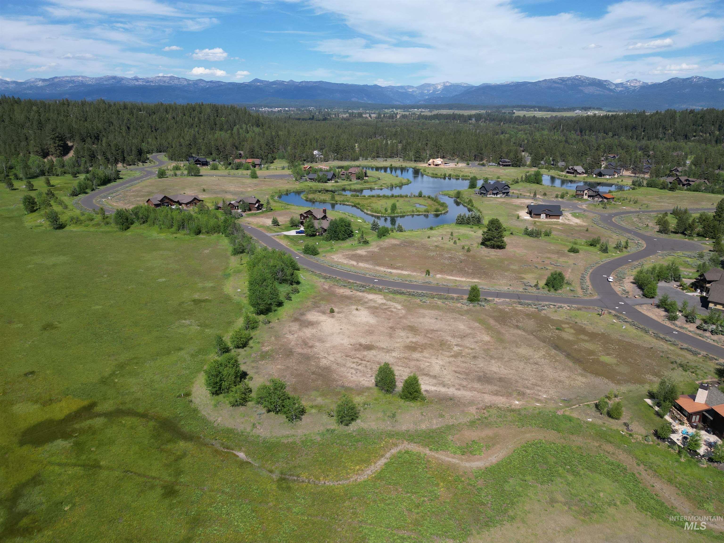 Aerial overview of property's location with a forest and a water and mountain view