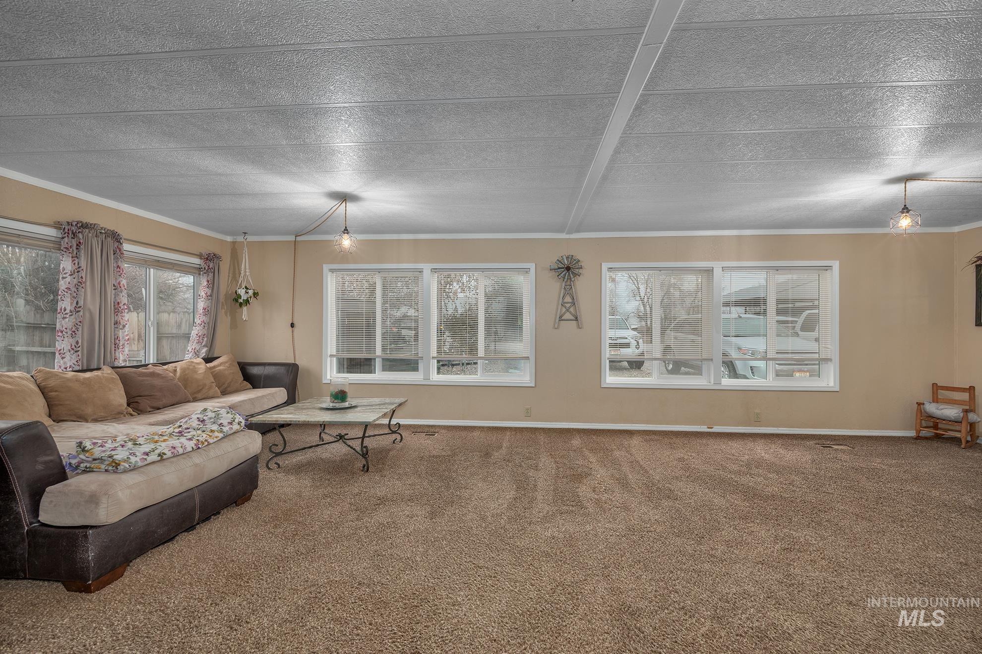 Carpeted living area featuring crown molding and baseboards