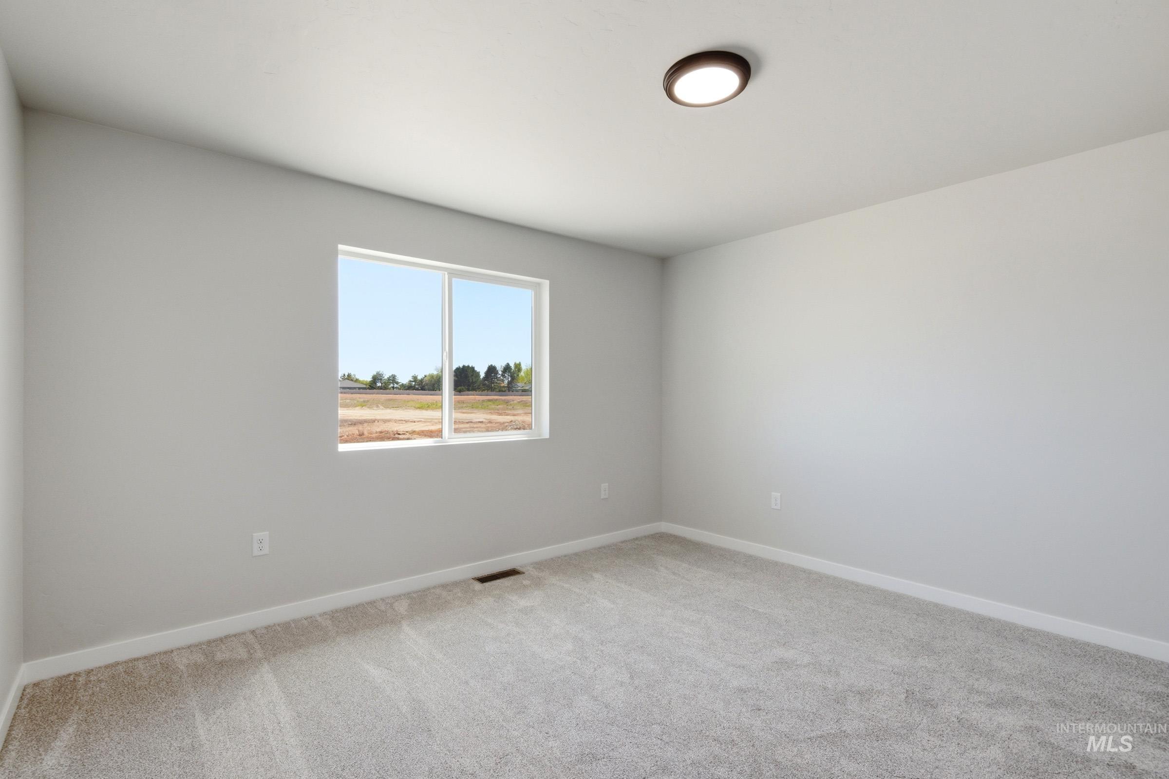 Room featuring neutral-toned walls, light grey carpet, white trim, and a prominent window