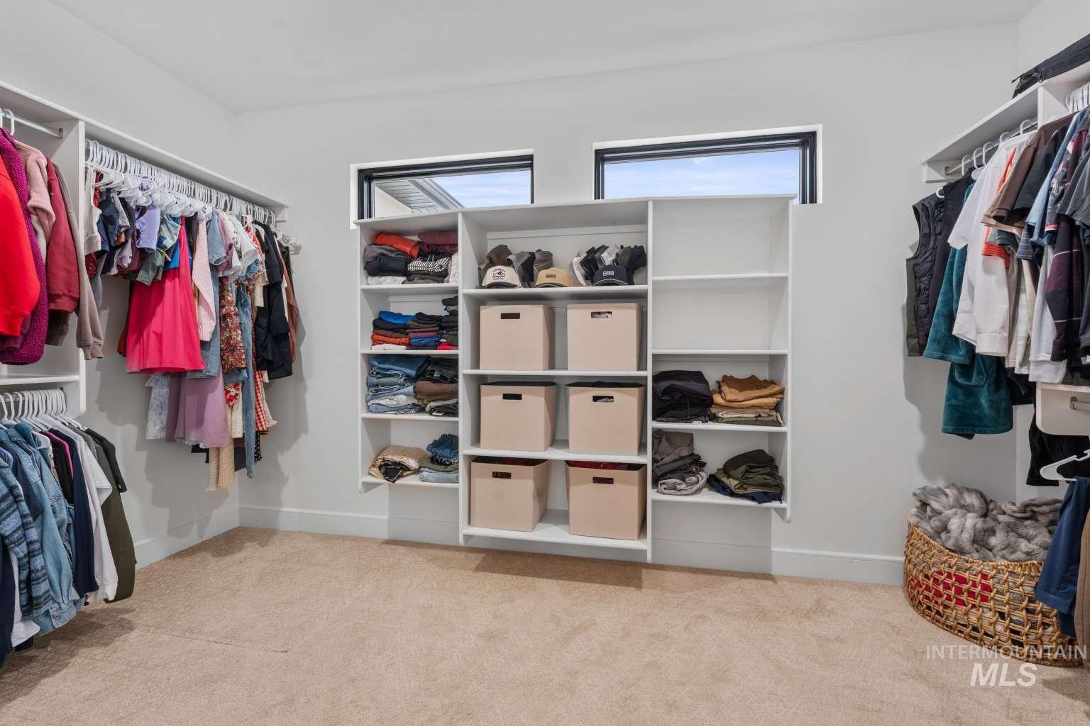 Walk in closet with light carpet