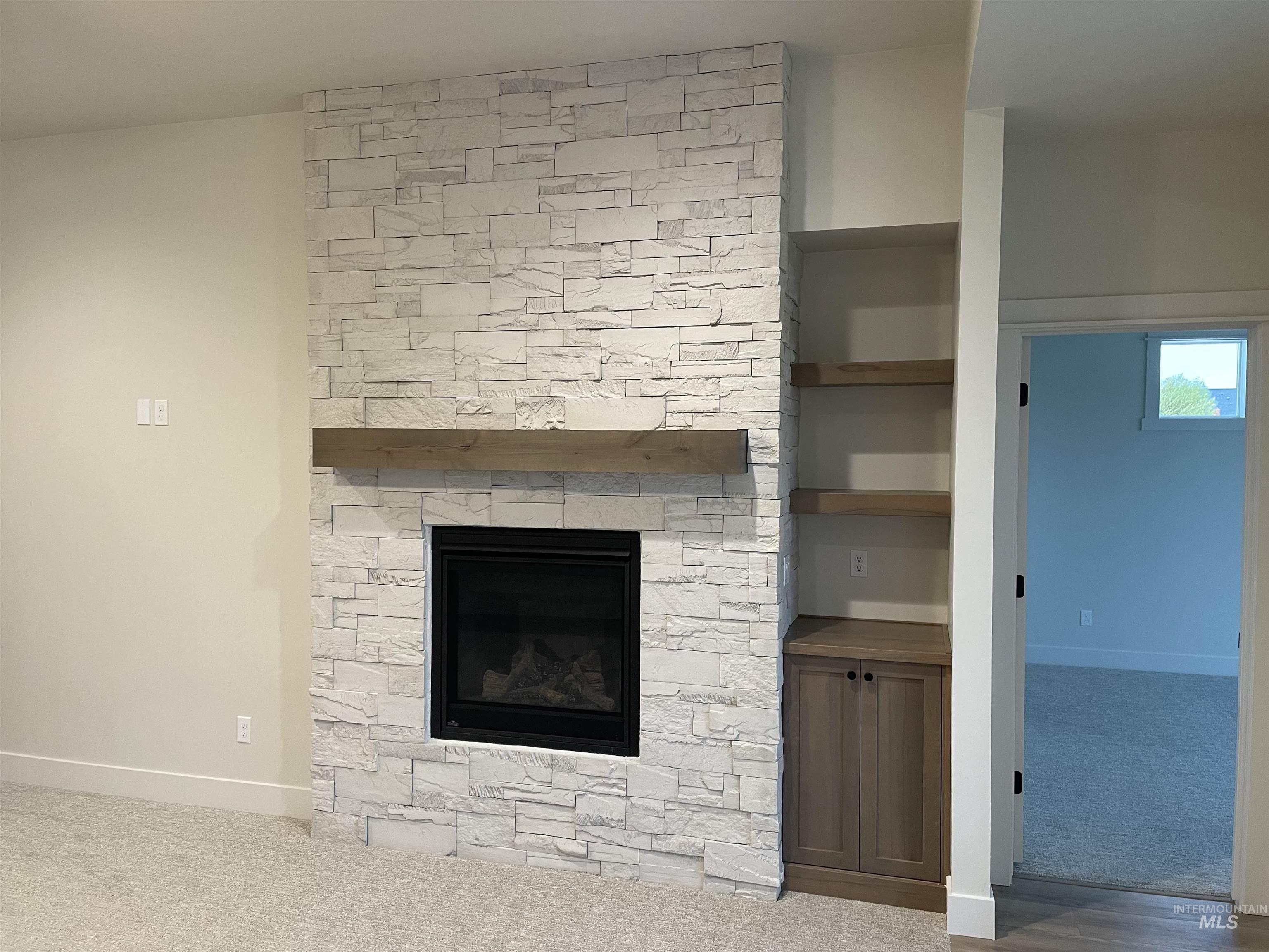 Detailed view of a fireplace and carpet flooring