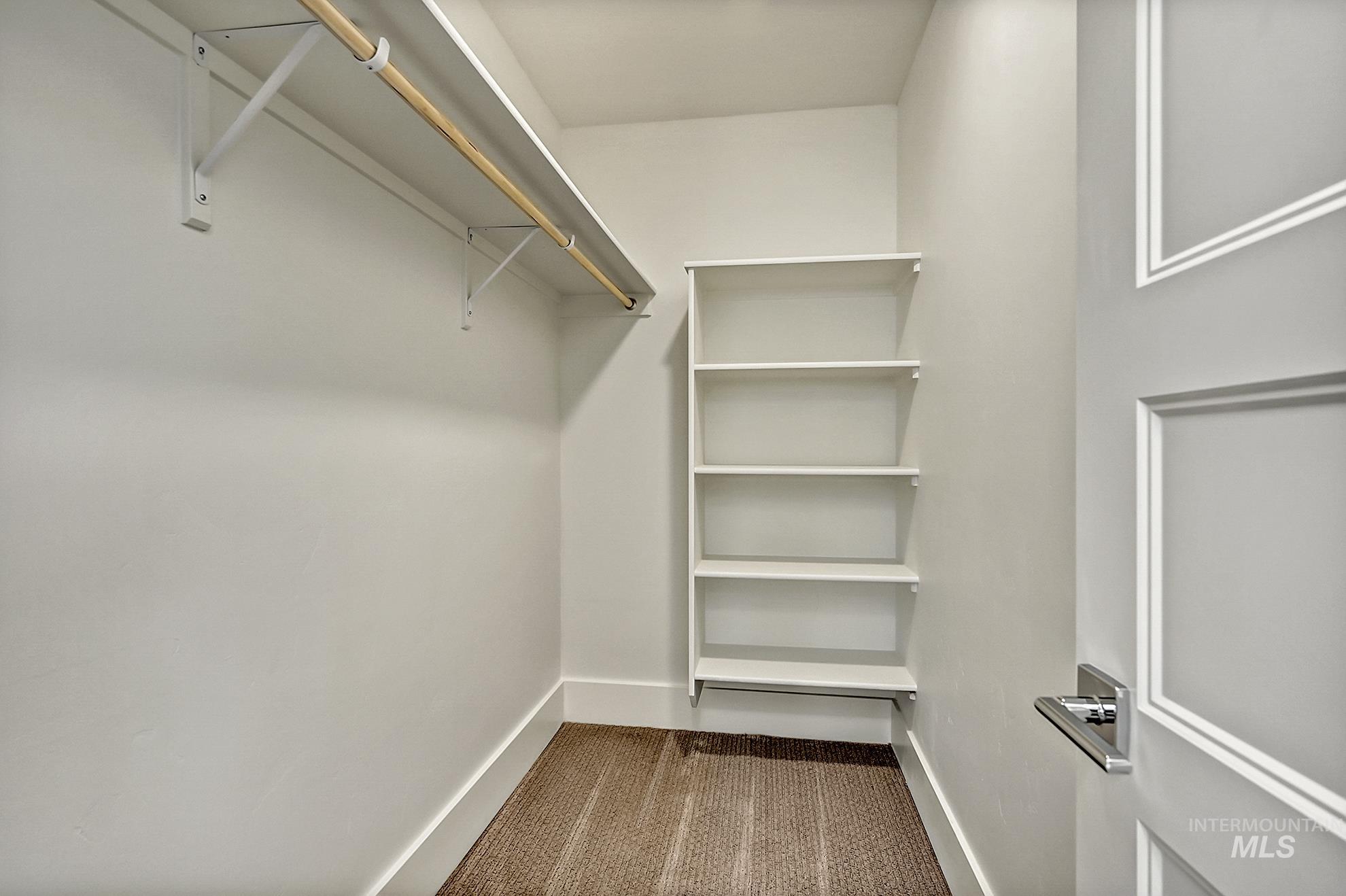 Master Bedroom closet featuring dark colored carpet