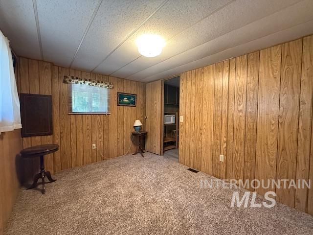 Carpeted spare room featuring wooden walls and a textured ceiling