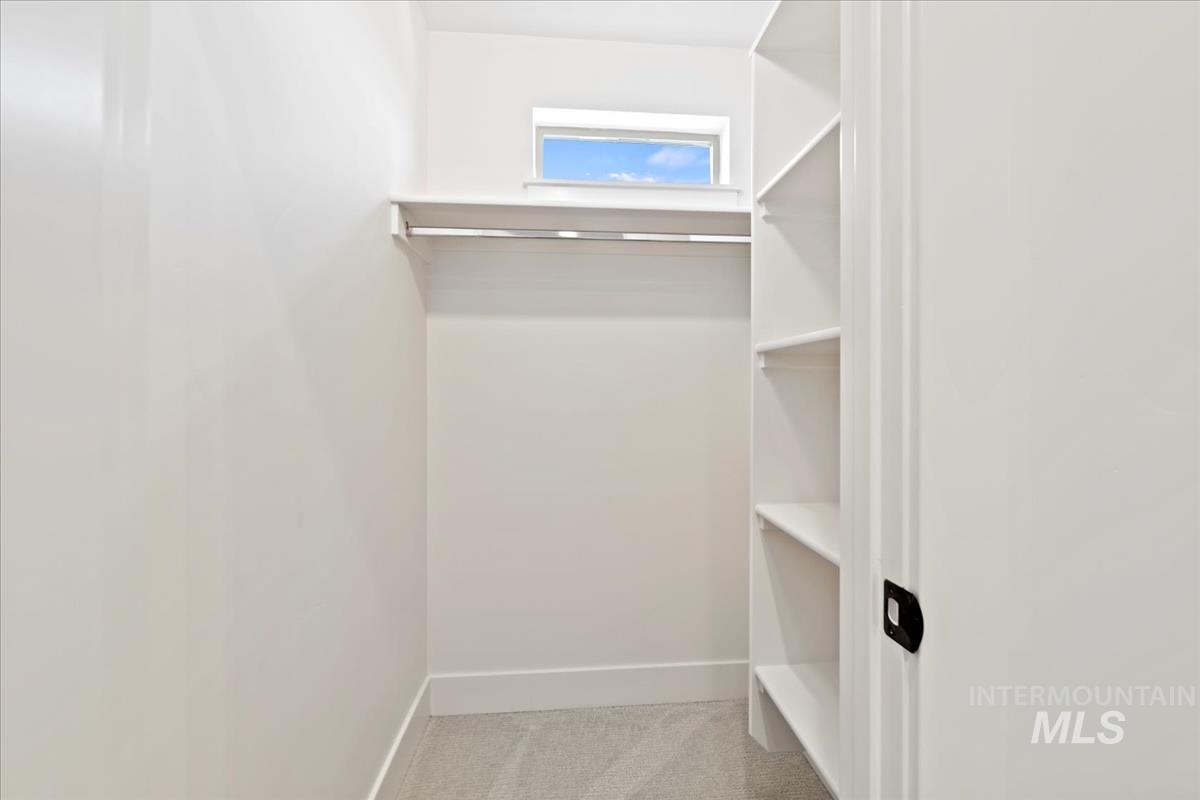 Walk-in closet featuring a small horizontal window, built-in shelving, a hanging rod, light-toned carpeting, and white baseboards