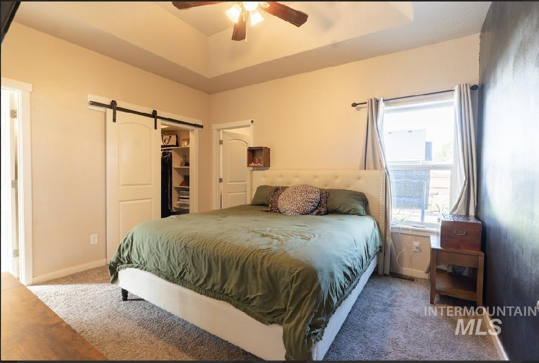 Carpeted bedroom featuring a tray ceiling, a barn door, a walk in closet, and a ceiling fan