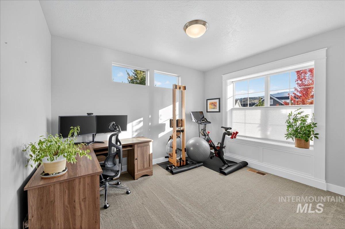 Home office featuring plenty of natural light and light carpet