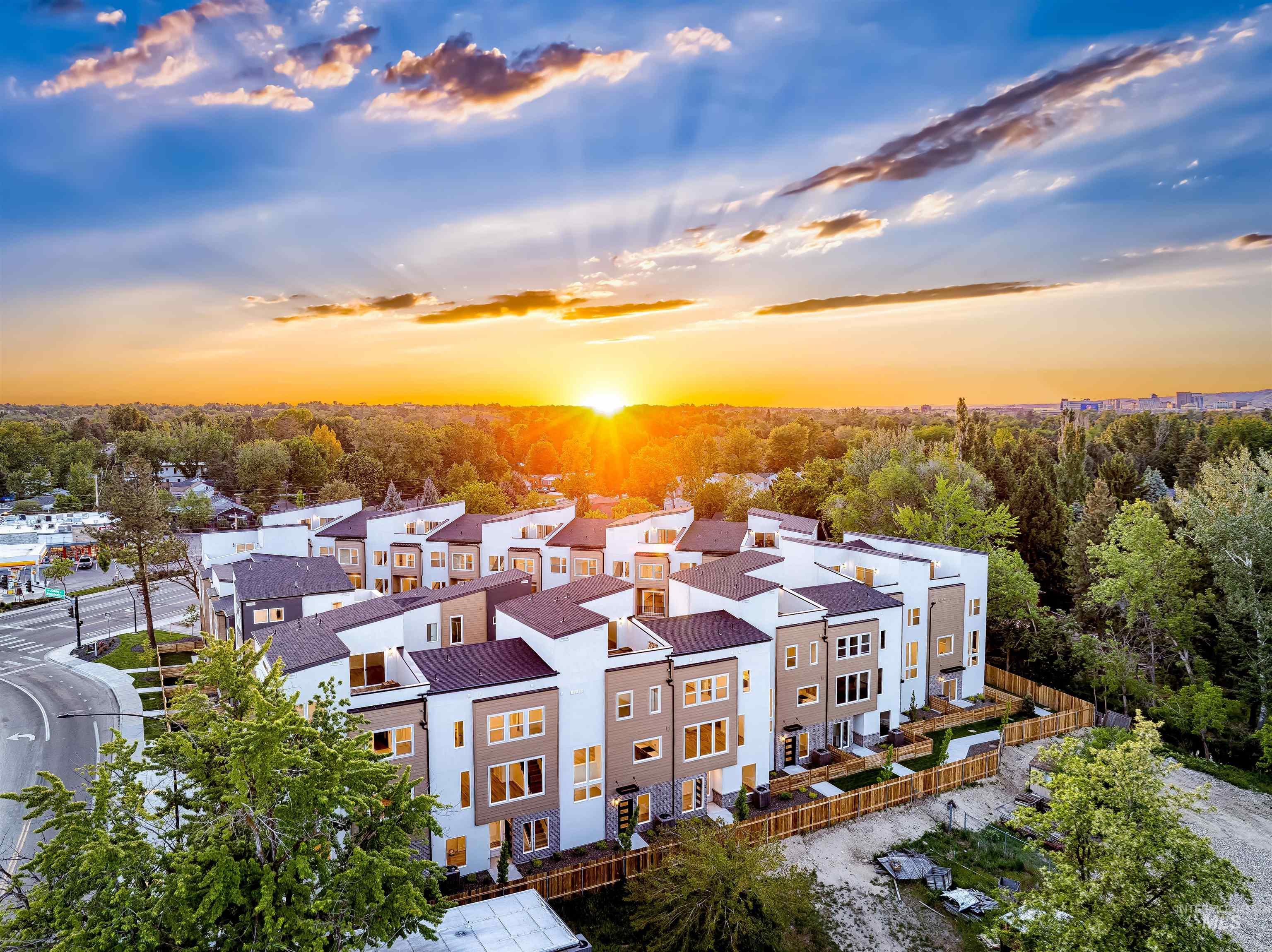 Aerial view at dusk of a residential view