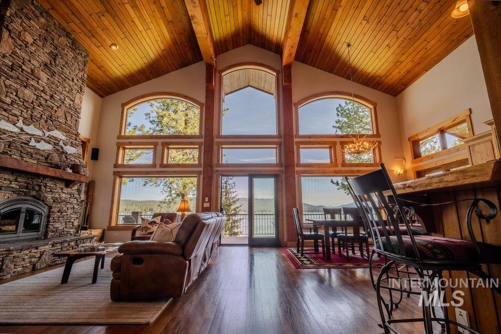 Vaulted wood-paneled ceilings with exposed beams