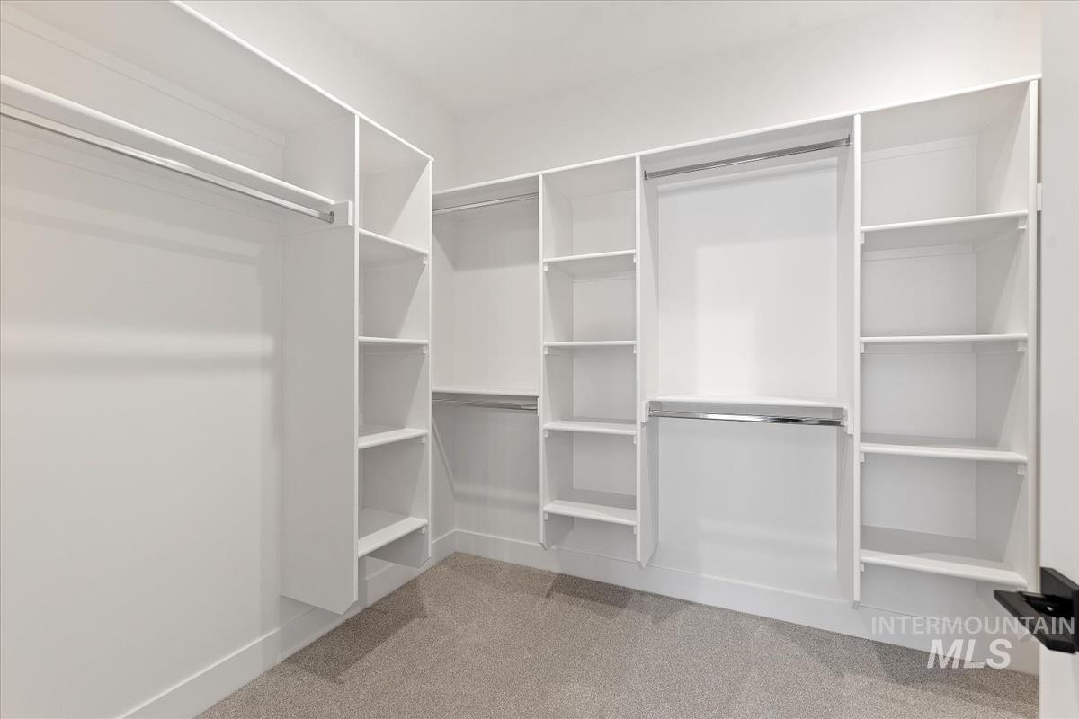 Walk in closet with light colored carpet