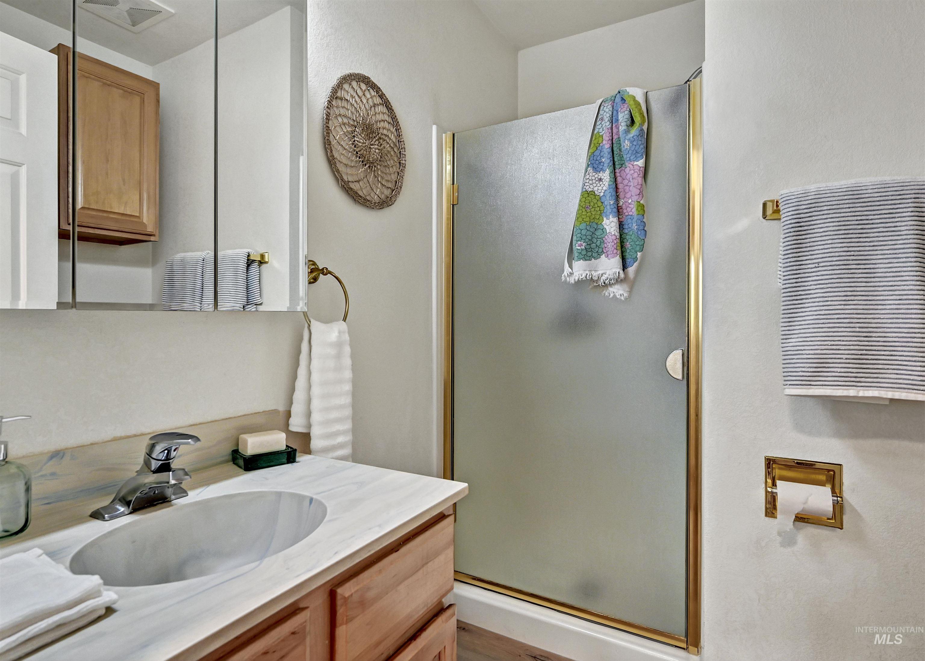 Bathroom with vanity and a stall shower