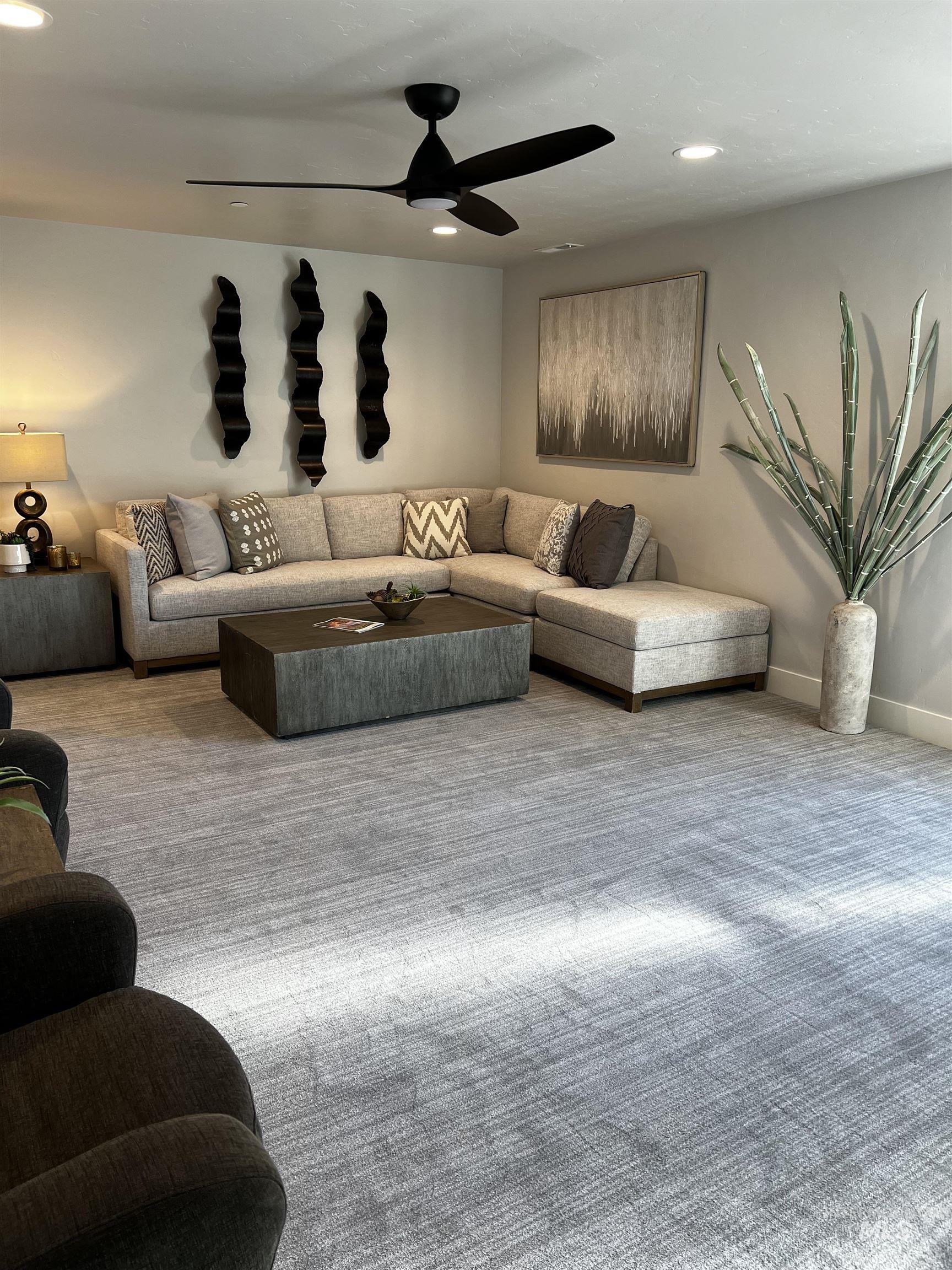 Living room featuring recessed lighting, carpet floors,