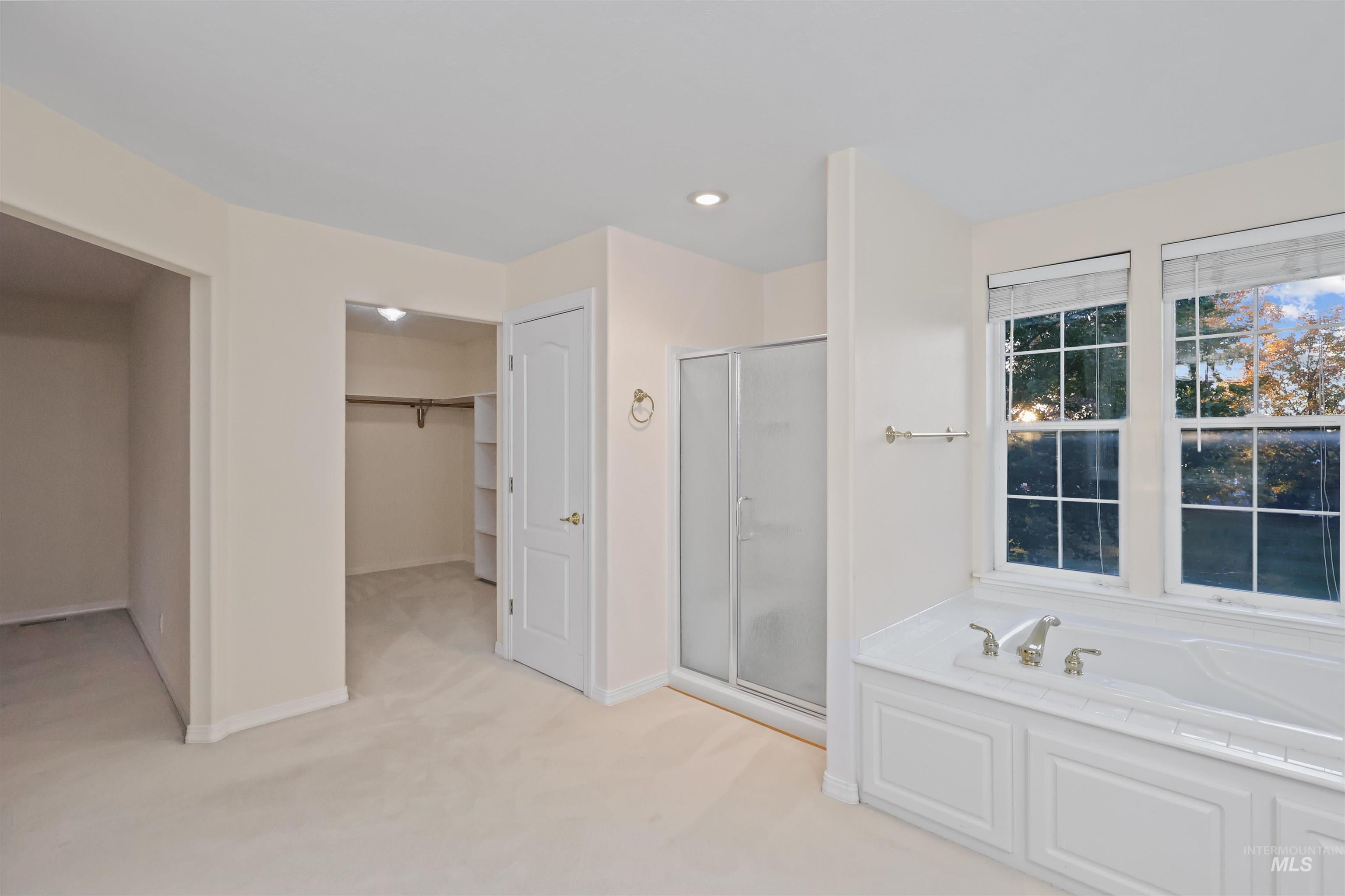 Full bath featuring a spacious closet, a garden tub, light carpet, a stall shower, and recessed lighting
