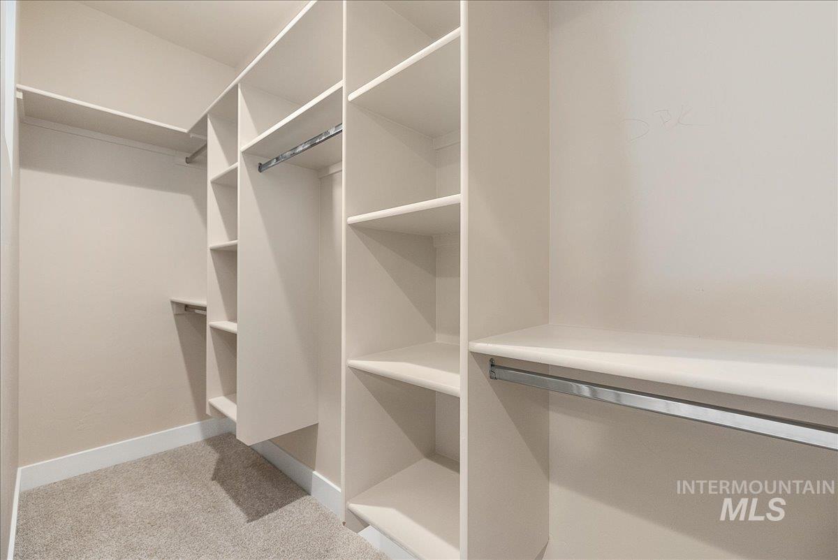 Walk in closet featuring light colored carpet