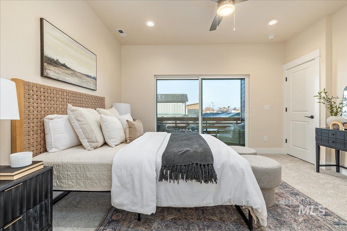 Carpeted bedroom with access to exterior, recessed lighting, and ceiling fan