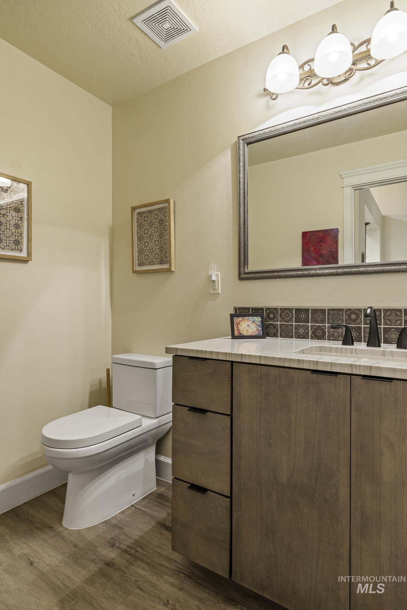 Bathroom featuring vanity and dark wood-type flooring