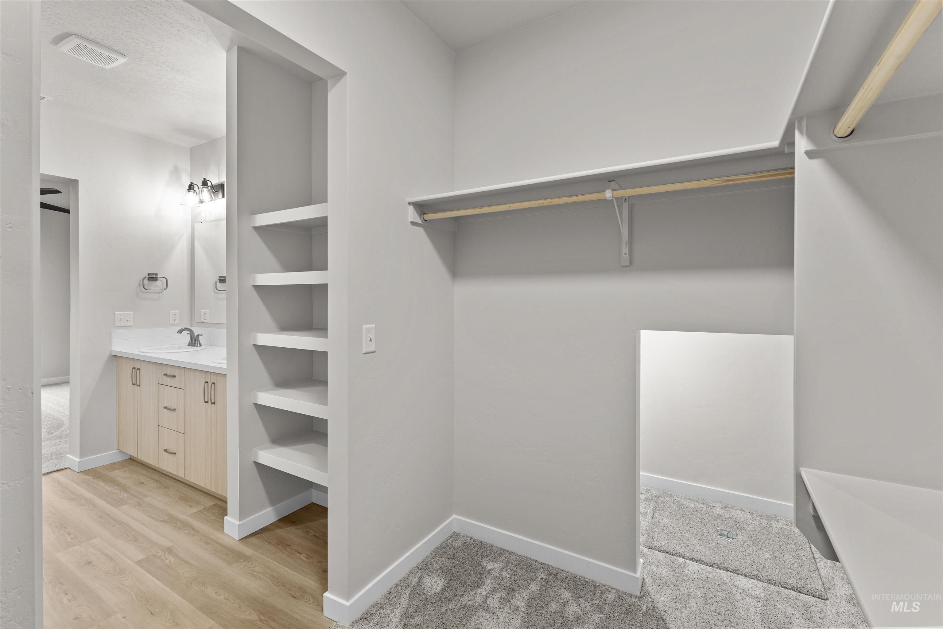 Spacious closet featuring light wood-style floors and a sink