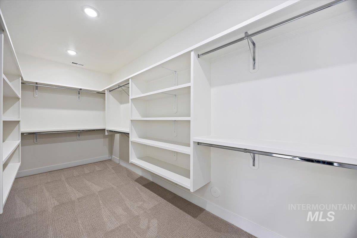 Spacious closet with light carpet