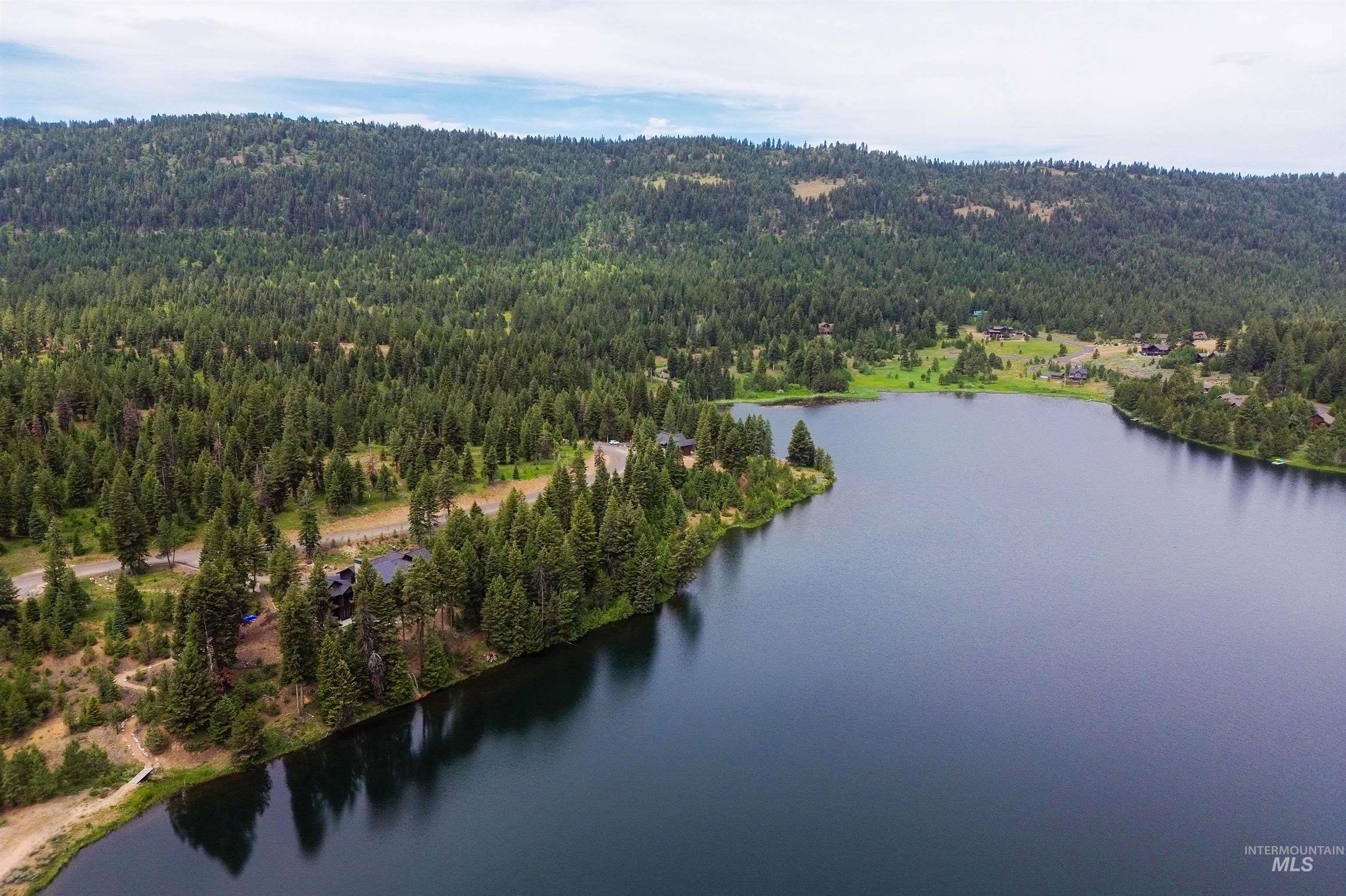 Drone / aerial view of a heavily wooded area and a nearby body of water
