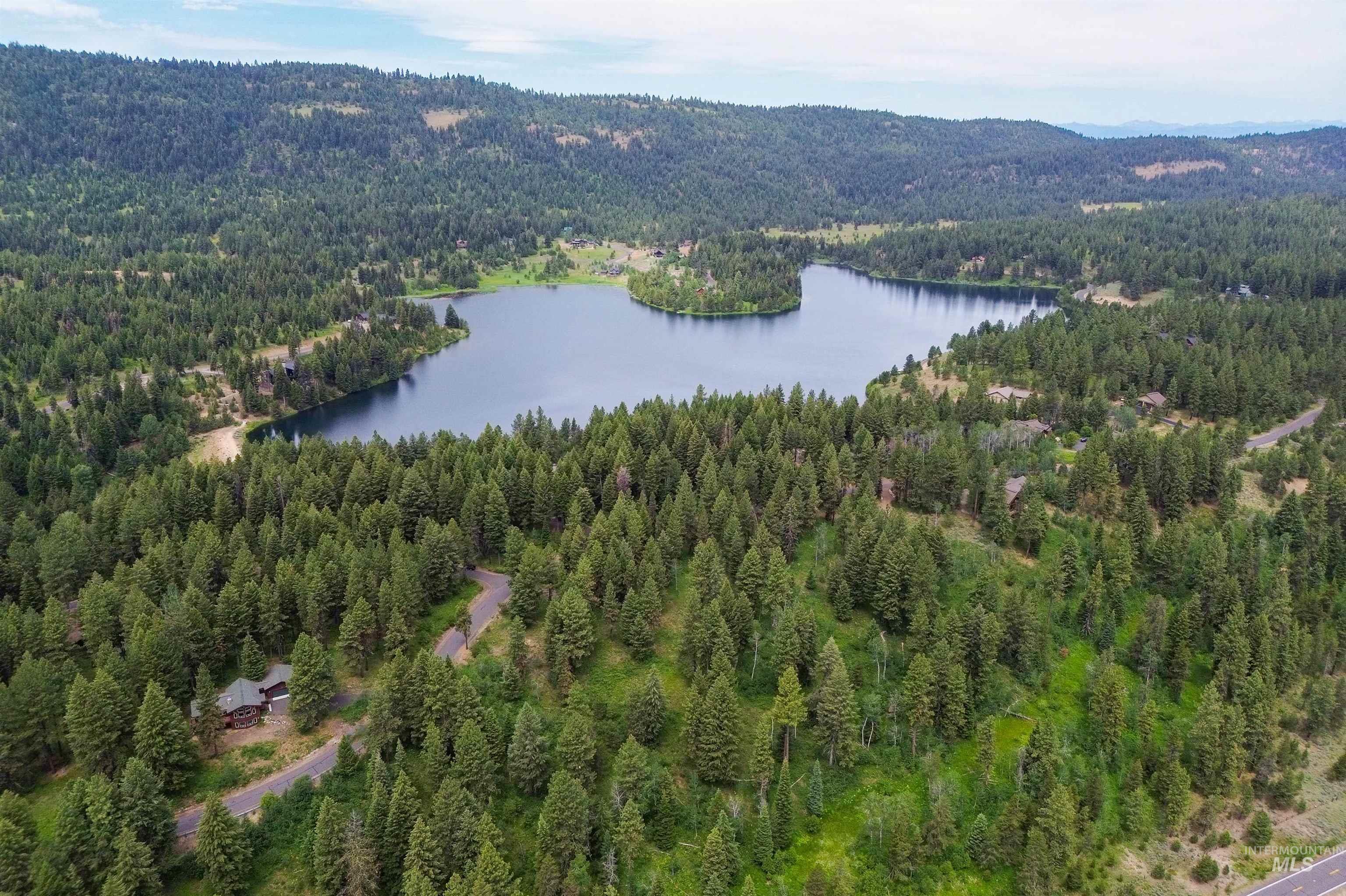 Aerial overview of property's location featuring a forest and a water and mountain view