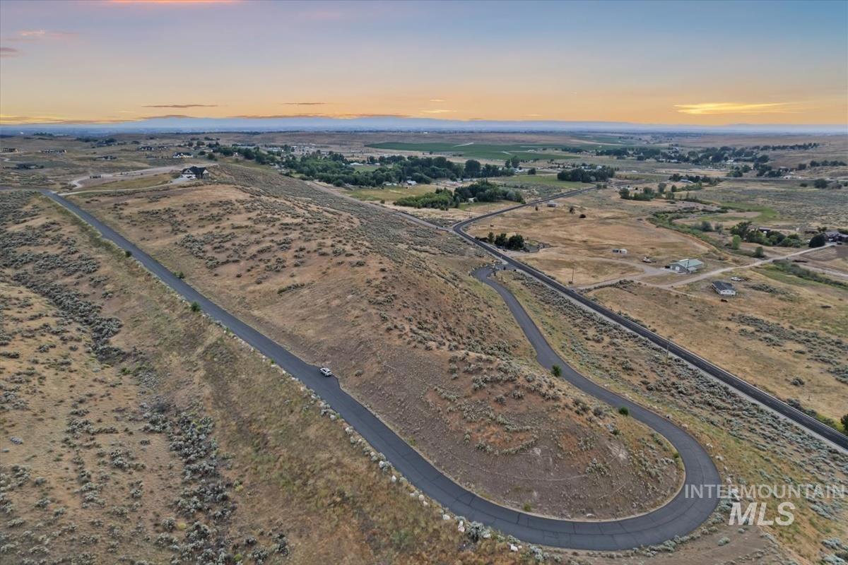 Aerial view at dusk of a rural view