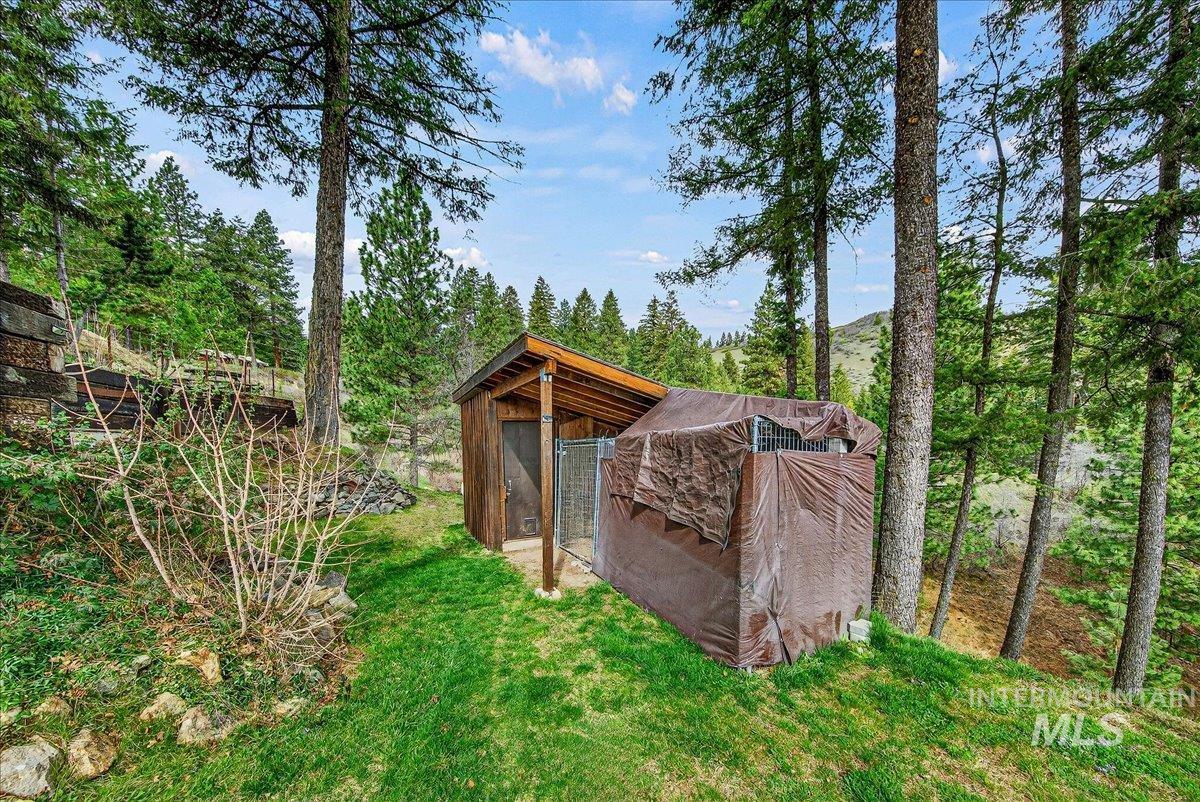 View of chicken coop featuring a lawn