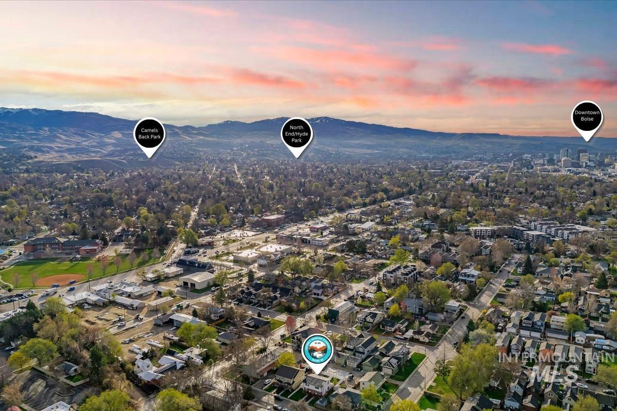 Aerial view at dusk of a mountain view