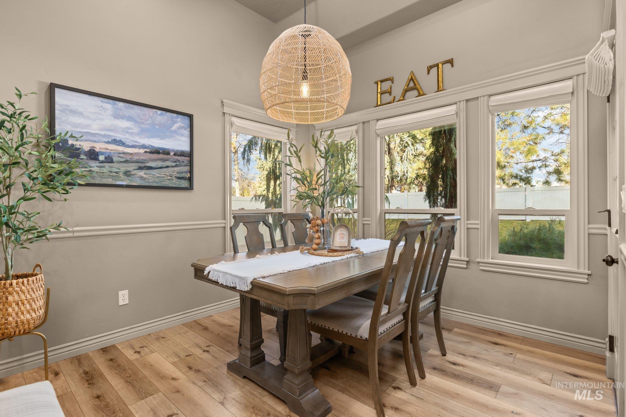 Dining area featuring light wood-style flooring and baseboards