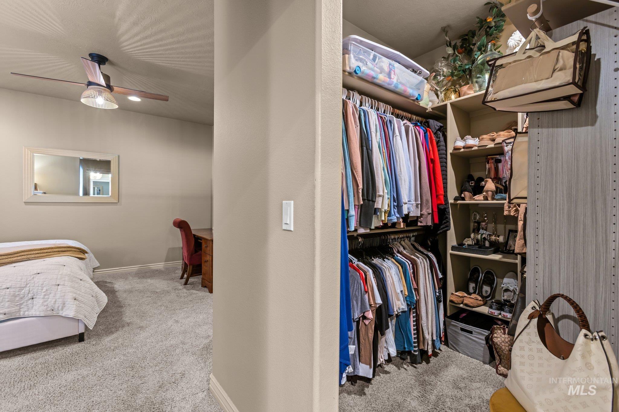 Spacious closet featuring light carpet and a ceiling fan