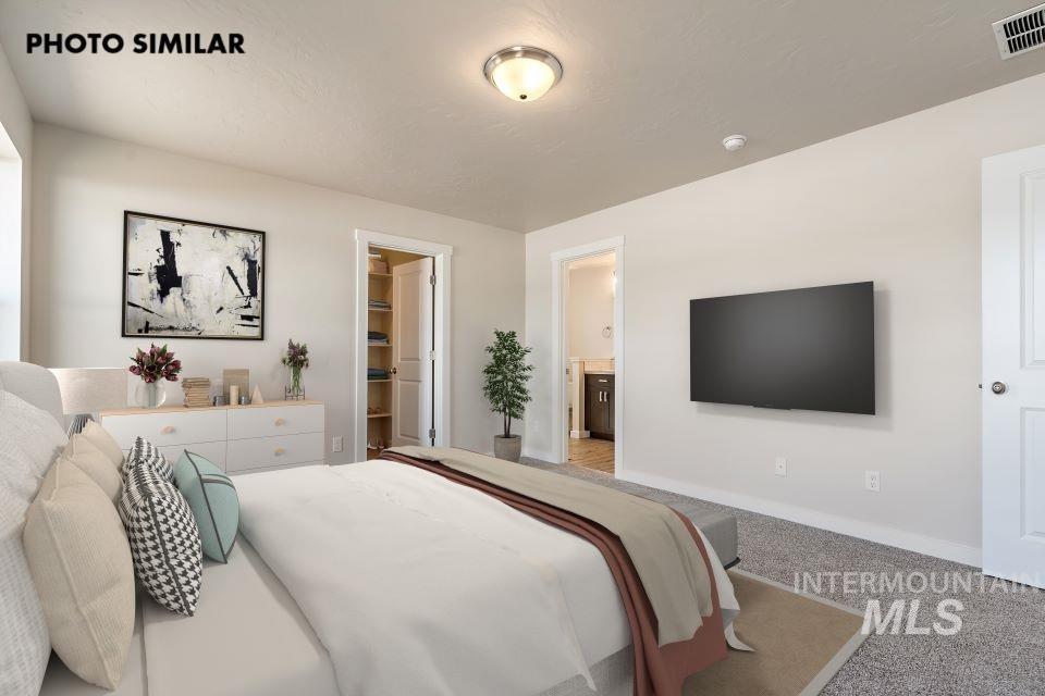 Carpeted bedroom with a walk in closet and ensuite bath