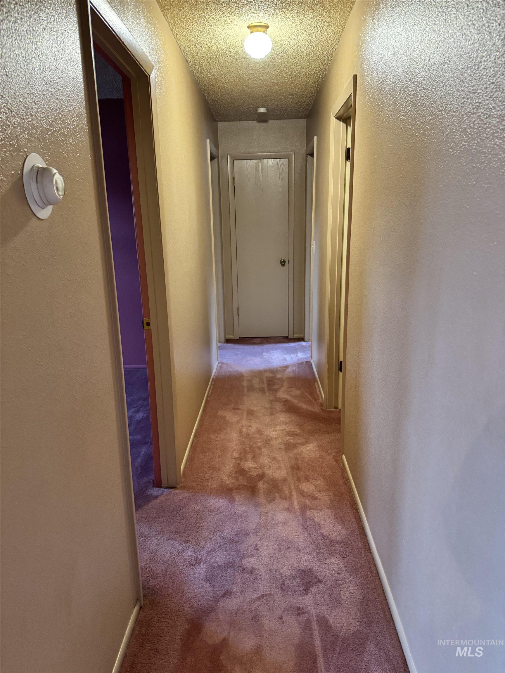 Corridor with a textured wall, carpet flooring, and a textured ceiling