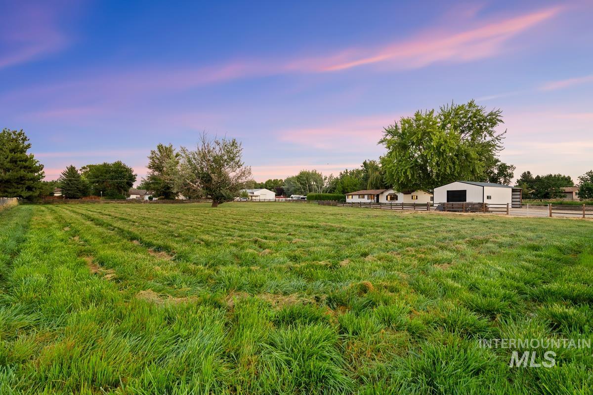 Yard at dusk with a rural view
