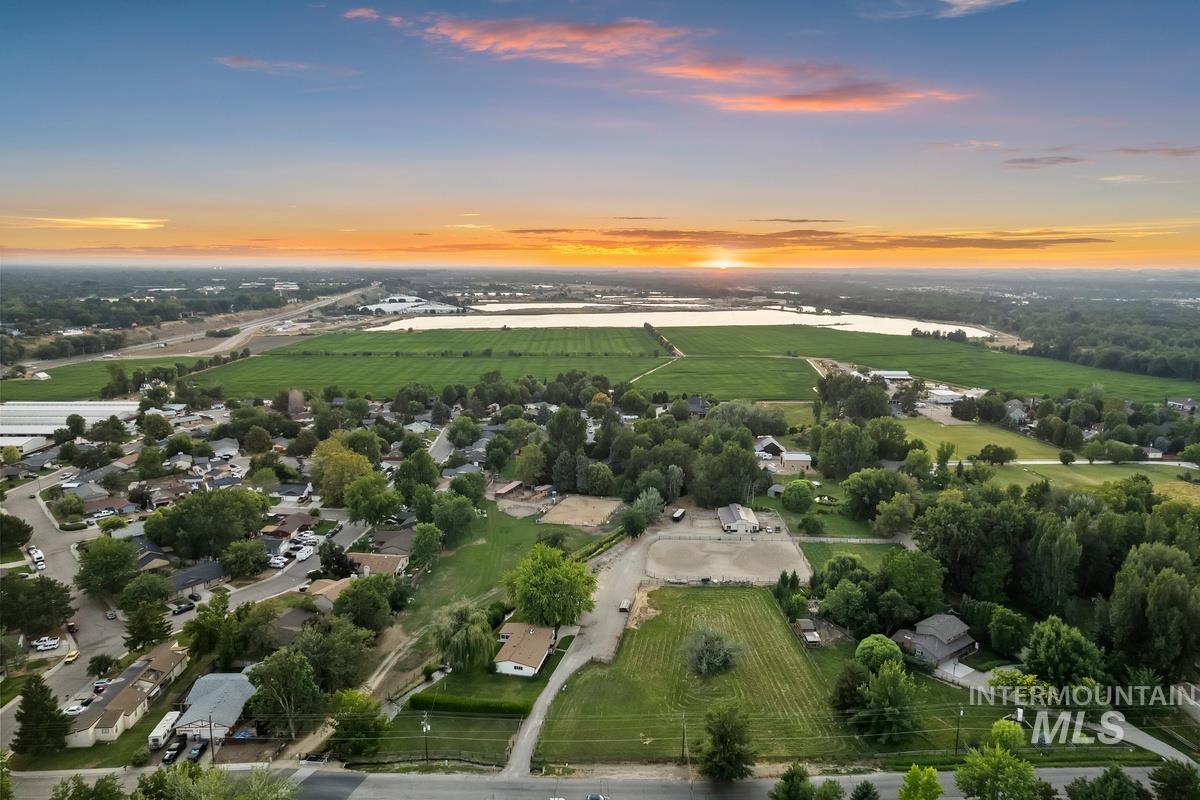 Aerial view at dusk of a rural view and agricultural plots