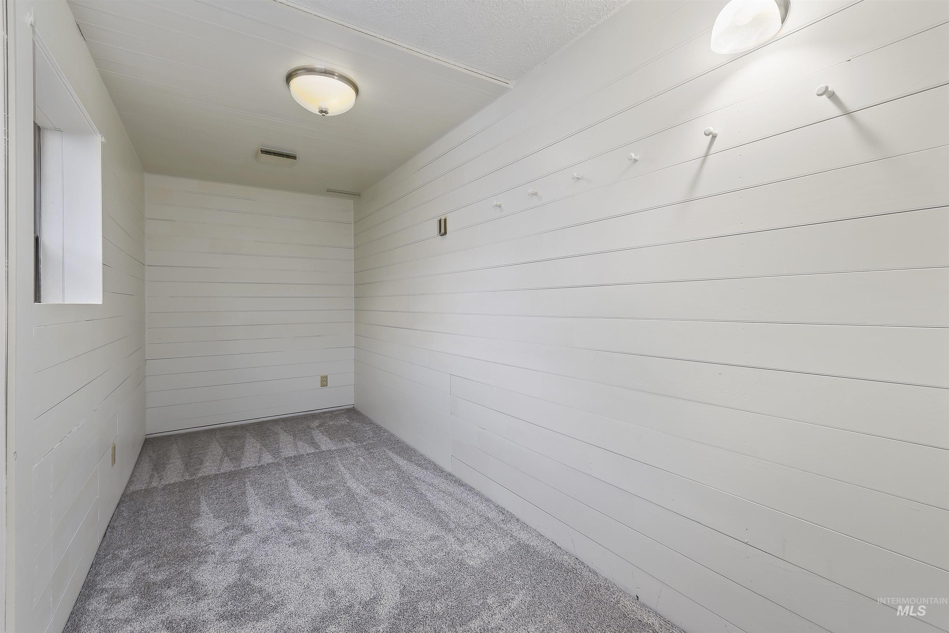 Carpeted empty room featuring wooden walls