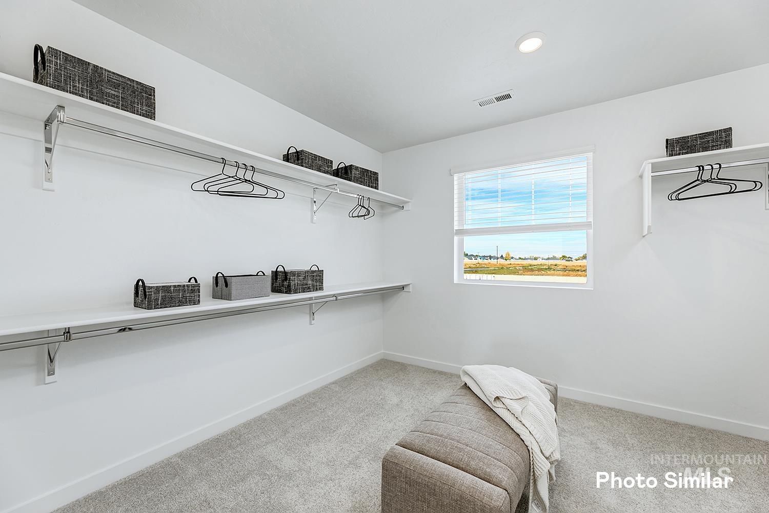 Spacious closet with light colored carpet