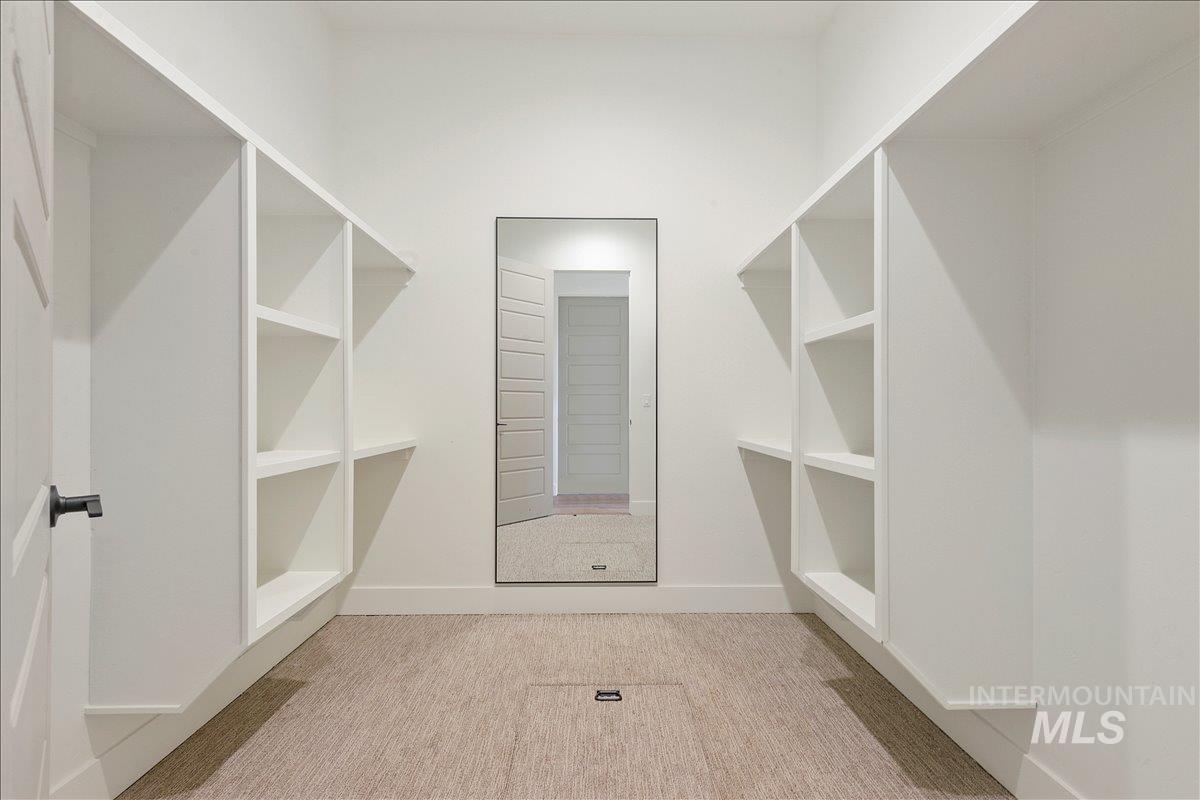 Walk in closet with light colored carpet