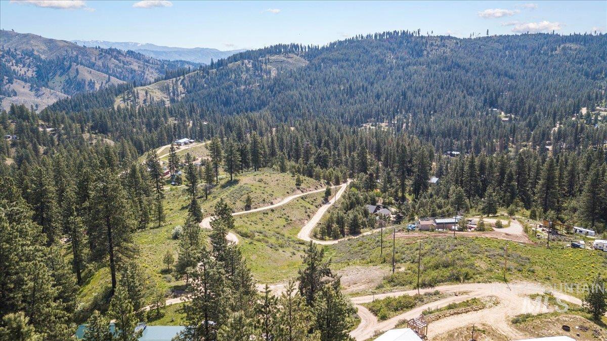 Bird's eye view of mountains and a heavily wooded area