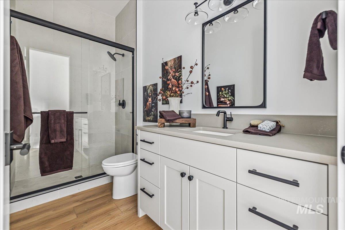Full bathroom with vanity, light wood-style floors, and a shower stall