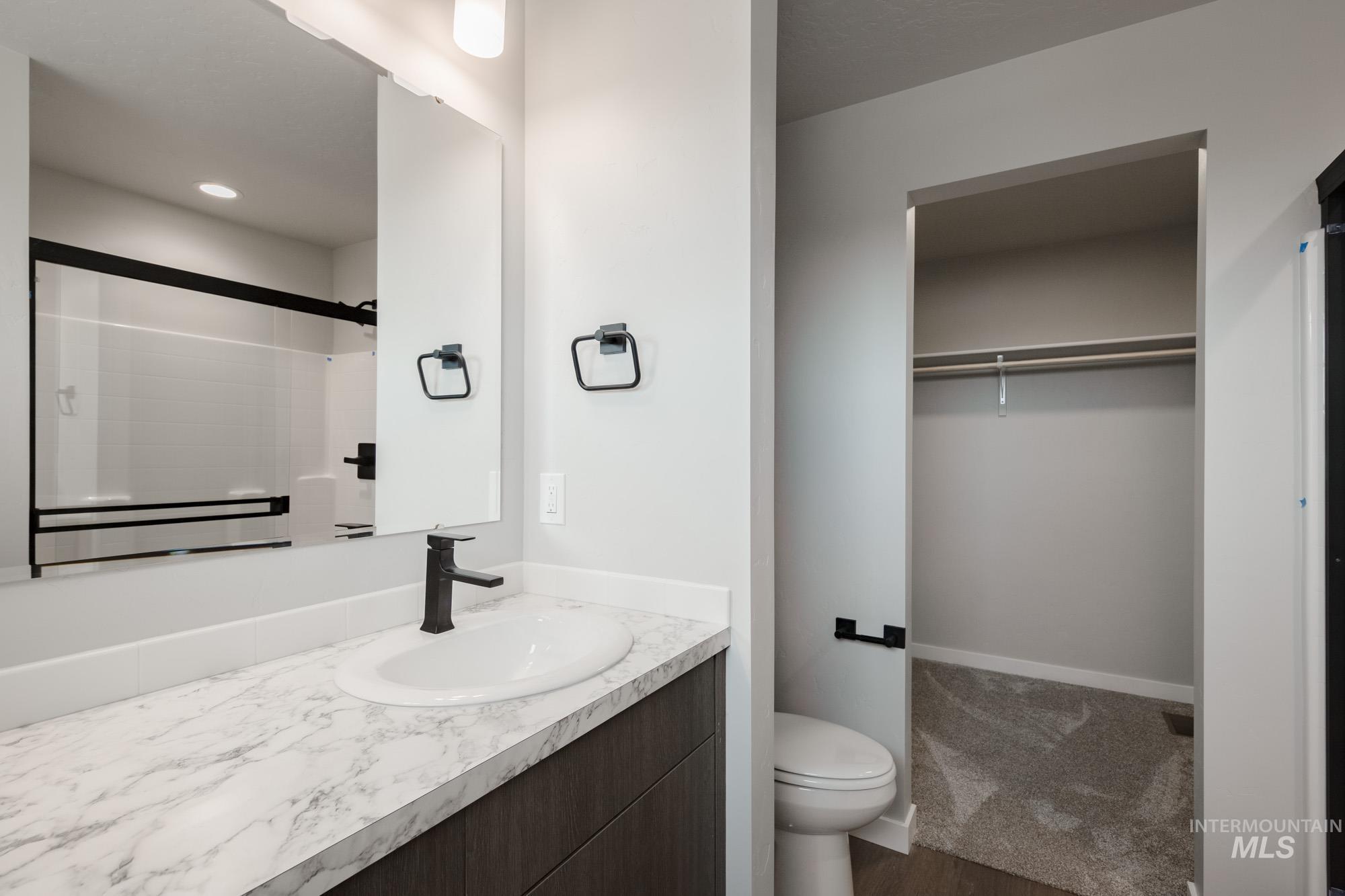 Bathroom with a spacious closet, vanity, dark wood-style floors, and a shower