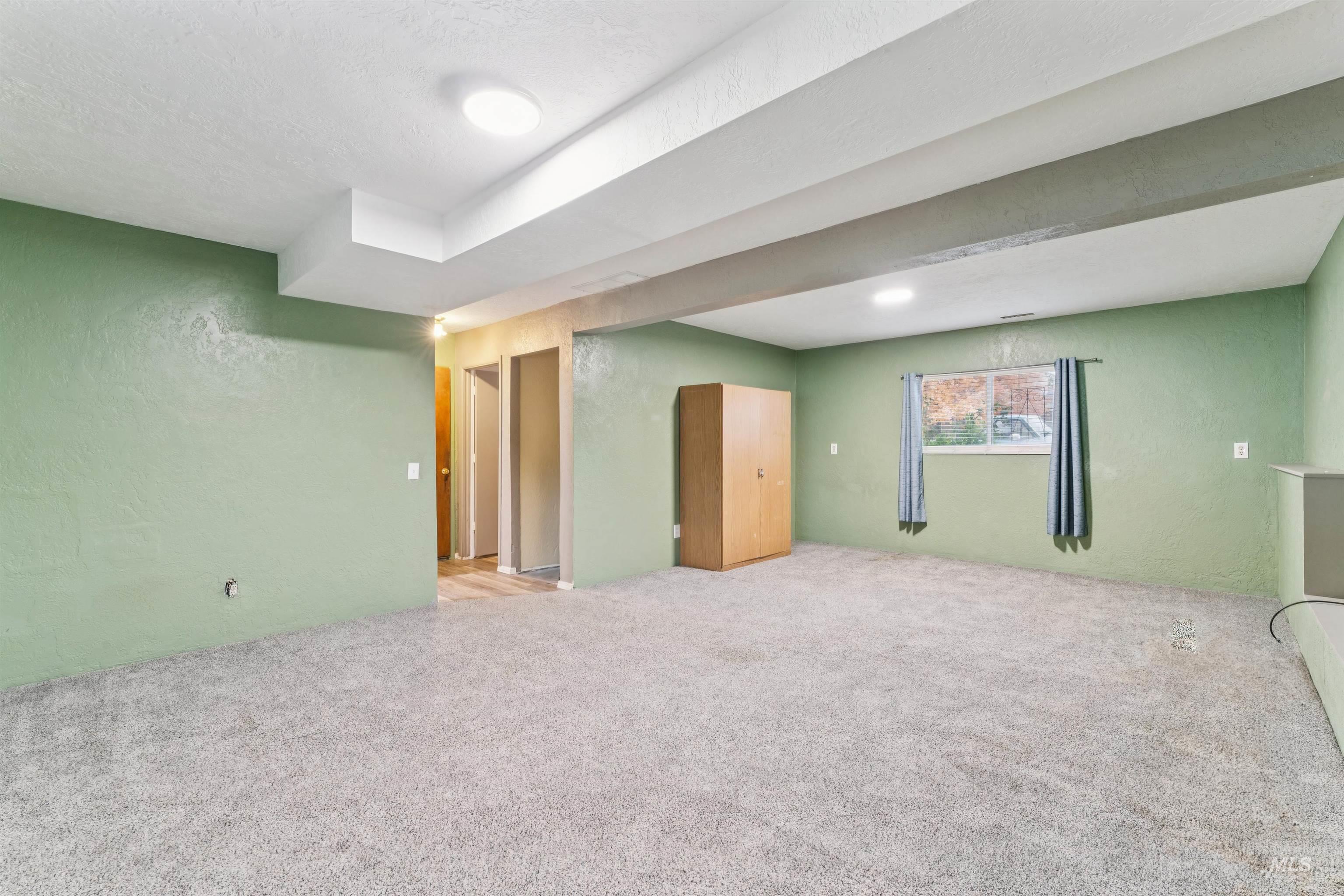 Below grade area with a textured wall, carpet, and a textured ceiling
